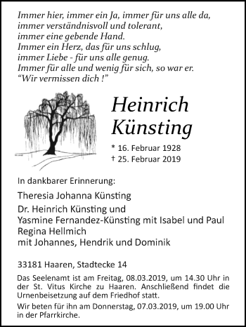 Traueranzeige von Heinrich Künsting von Westfalen-Blatt