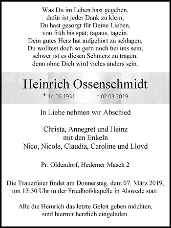 Traueranzeige von Heinrich Ossenschmidt von Westfalen-Blatt