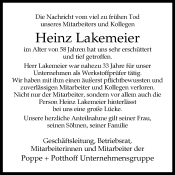 Traueranzeige von Heinz Lakemeier von Westfalen-Blatt