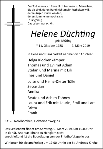 Traueranzeige von Helene Düchting von Westfalen-Blatt