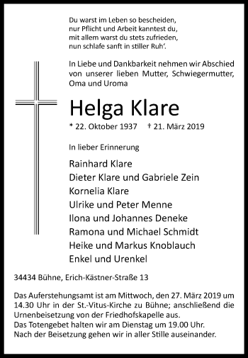 Traueranzeige von Helga Klare von Westfalen-Blatt