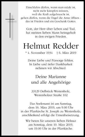 Traueranzeige von Helmut Redder von Westfalen-Blatt