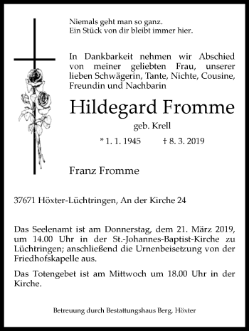 Traueranzeige von Hildegard Fromme von Westfalen-Blatt