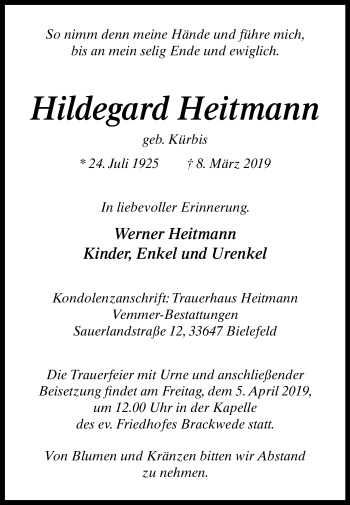 Traueranzeige von Hildegard Heitmann von Westfalen-Blatt