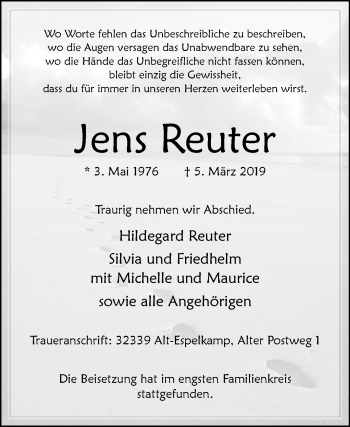 Traueranzeige von Jens Reuter von Westfalen-Blatt