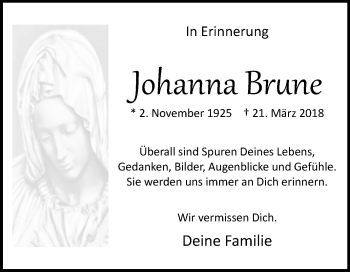 Traueranzeige von Johanna Brune von Westfalen-Blatt