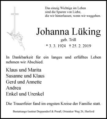 Traueranzeige von Johanna Lüking von Westfalen-Blatt