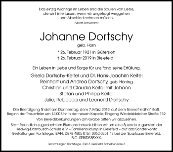 Traueranzeige von Johanne Dortschy von Westfalen-Blatt