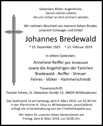 Traueranzeige von Johannes Bredewald von Westfalen-Blatt