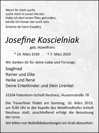 Traueranzeige von Josefine Koscielniak von Westfalen-Blatt