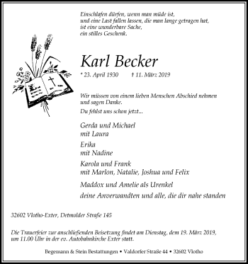 Traueranzeige von Karl Becker von Westfalen-Blatt