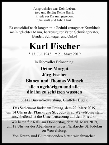 Traueranzeige von Karl Fischer von Westfalen-Blatt