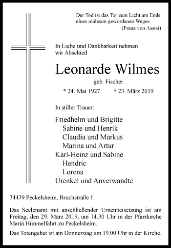 Traueranzeige von Leonarde Wilmes von Westfalen-Blatt