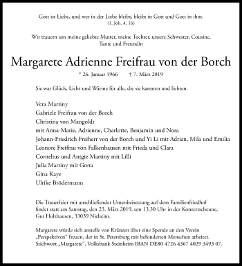 Traueranzeige von Margarete Adrienne Freifrau von der Borch von Westfalen-Blatt