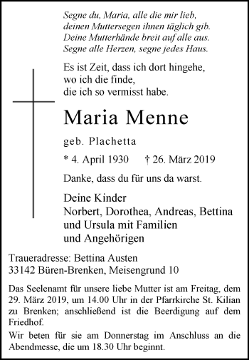 Traueranzeige von Maria Menne von Westfalen-Blatt