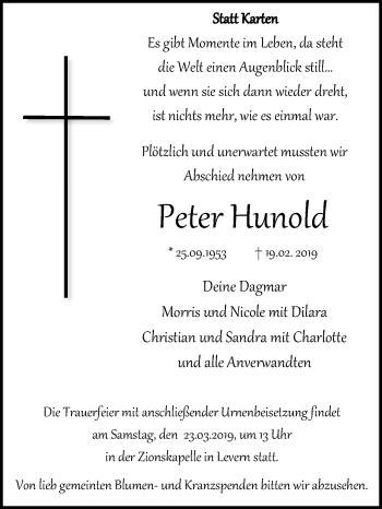 Traueranzeige von Peter Hunold von Westfalen-Blatt