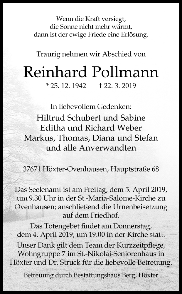  Traueranzeige für Reinhard Pollmann vom 30.03.2019 aus Westfalen-Blatt