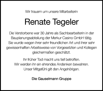 Traueranzeige von Renate Tegeler von Westfalen-Blatt