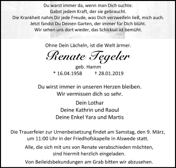 Traueranzeige von Renate Tegeler von Westfalen-Blatt