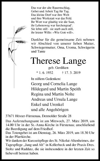 Traueranzeige von Therese Lange von Westfalen-Blatt