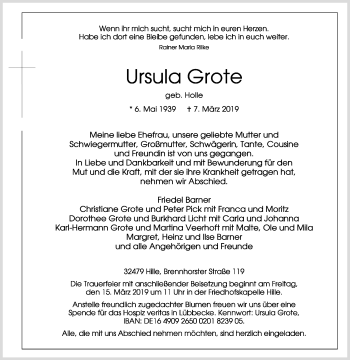 Traueranzeige von Ursula Grote von Westfalen-Blatt