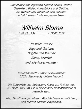 Traueranzeige von Wilhelm Blome von Westfalen-Blatt