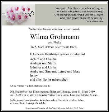 Traueranzeige von Wilma Grohmann von Westfalen-Blatt