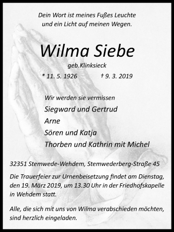 Traueranzeige von Wilma Siebe von Westfalen-Blatt