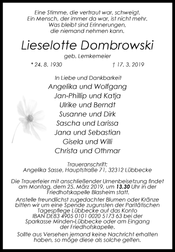 Traueranzeige von Lieselotte Dombrowski von Westfalen-Blatt