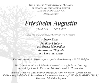 Traueranzeige von Friedhelm Augustin 