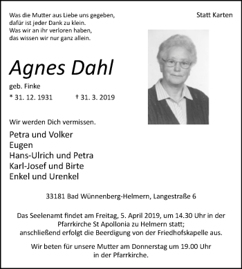 Traueranzeige von Agnes Dahl von Westfalen-Blatt