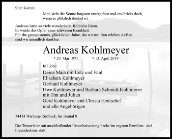 Traueranzeige von Andreas Kohlmeyer von Westfalen-Blatt