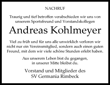 Traueranzeige von Andreas Kohlmeyer von Westfalen-Blatt