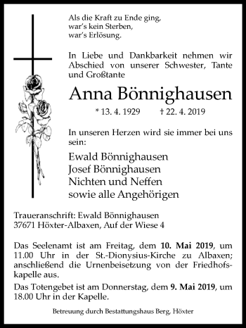 Traueranzeige von Anna Bönnighausen von Westfalen-Blatt