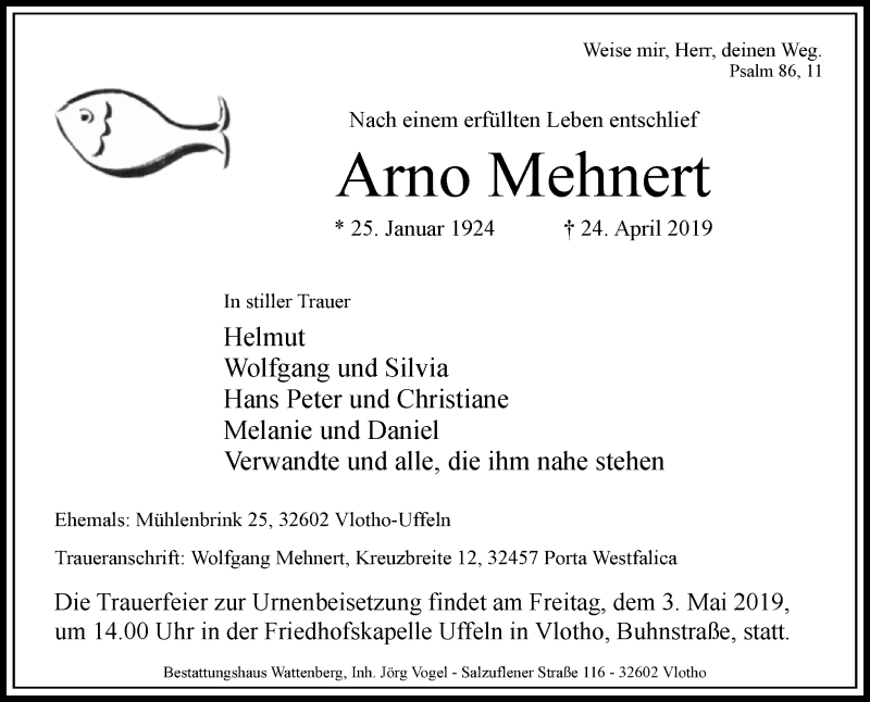  Traueranzeige für Arno Mehnert vom 27.04.2019 aus Westfalen-Blatt