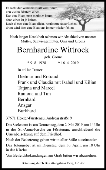 Traueranzeige von Bernhardine Wittrock von Westfalen-Blatt