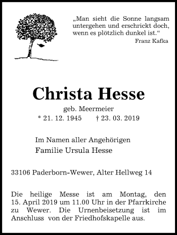 Traueranzeige von Christa Hesse von Westfalen-Blatt