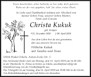 Traueranzeige von Christa Kukuk von Westfalen-Blatt