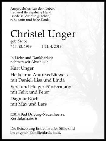 Traueranzeige von Christel Unger von Westfalen-Blatt