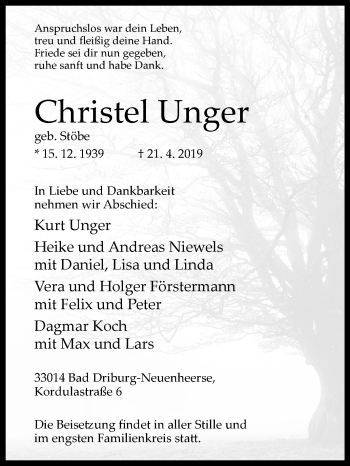 Traueranzeige von Christel Unger von Westfalen-Blatt