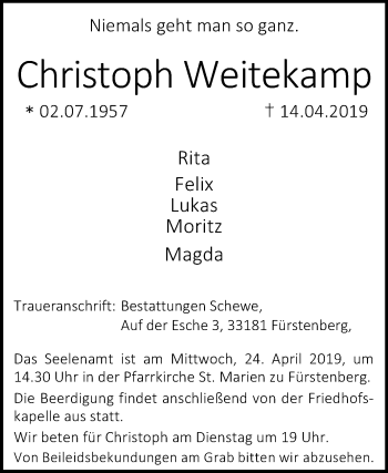 Traueranzeige von Christoph Weitekamp von Westfalen-Blatt