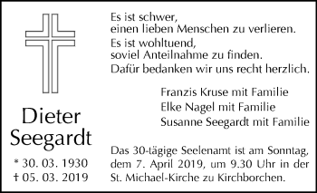 Traueranzeige von Dieter Seegardt von Westfalen-Blatt