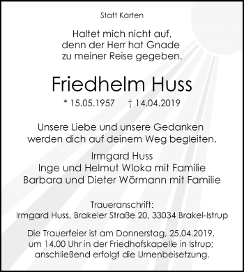 Traueranzeige von Friedhelm Huss von Westfalen-Blatt