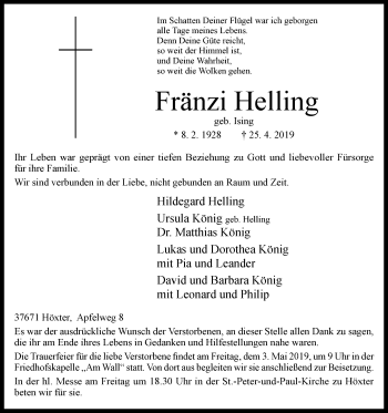 Traueranzeige von Fränzi Helling von Westfalen-Blatt