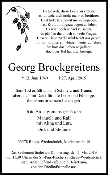 Traueranzeige von Georg Brockgreitens von Westfalen-Blatt