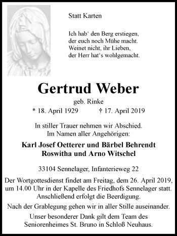 Traueranzeige von Gertrud Weber von Westfalen-Blatt