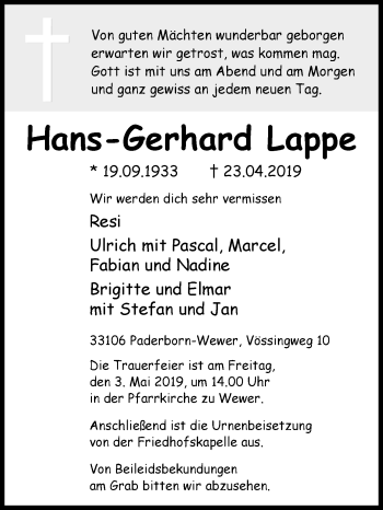 Traueranzeige von Hans-Gerhard Lappe von Westfalen-Blatt