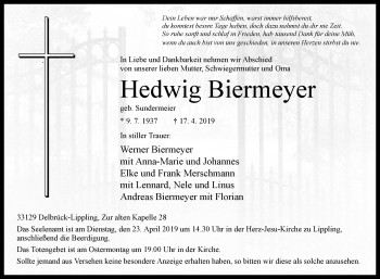 Traueranzeige von Hedwig Biermeyer von Westfalen-Blatt