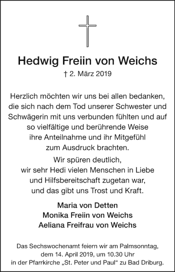 Traueranzeige von Hedwig Freiin von Weichs von Westfalen-Blatt