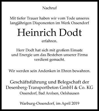 Traueranzeige von Heinrich Dodt von Westfalen-Blatt